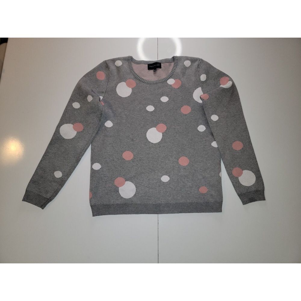 Premise Womans White & Pink Poka Dot Long Sleeve‎ Sweater Large
